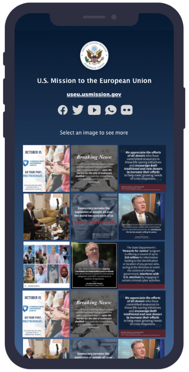 mock up of a mobile device displaying a grid of images under the heading U.S. Mission to the European Union